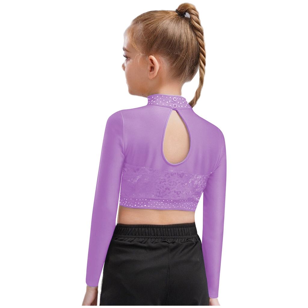 Mädchen Jazz Tanzaufführungskostüm Stehkragen Langarm Transparentes Mesh Patchwork Glänzende Pailletten Crop Top Tanzbekleidung
