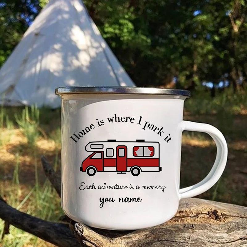 Personalisierte Tasse Benutzerdefinierter Tourenwagen mit Namen Emaille-Tasse Camping Lagerfeuer Kaffeetassen Reise-Wasserbecher Wohnmobil Beste Geschenke