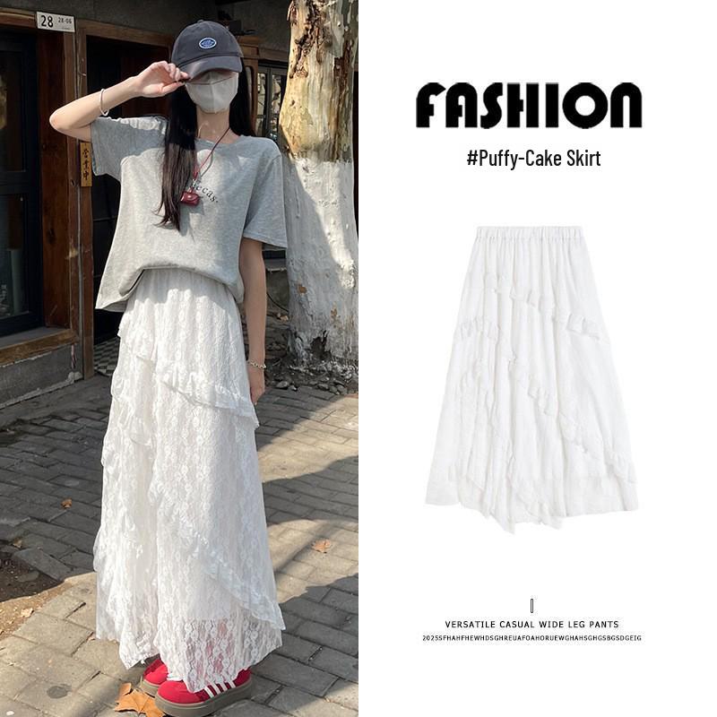 

Women s 2025 White High Waist A-Line Long Skirt with Lace - Spring/Autumn Collection S [80-95 lbs]