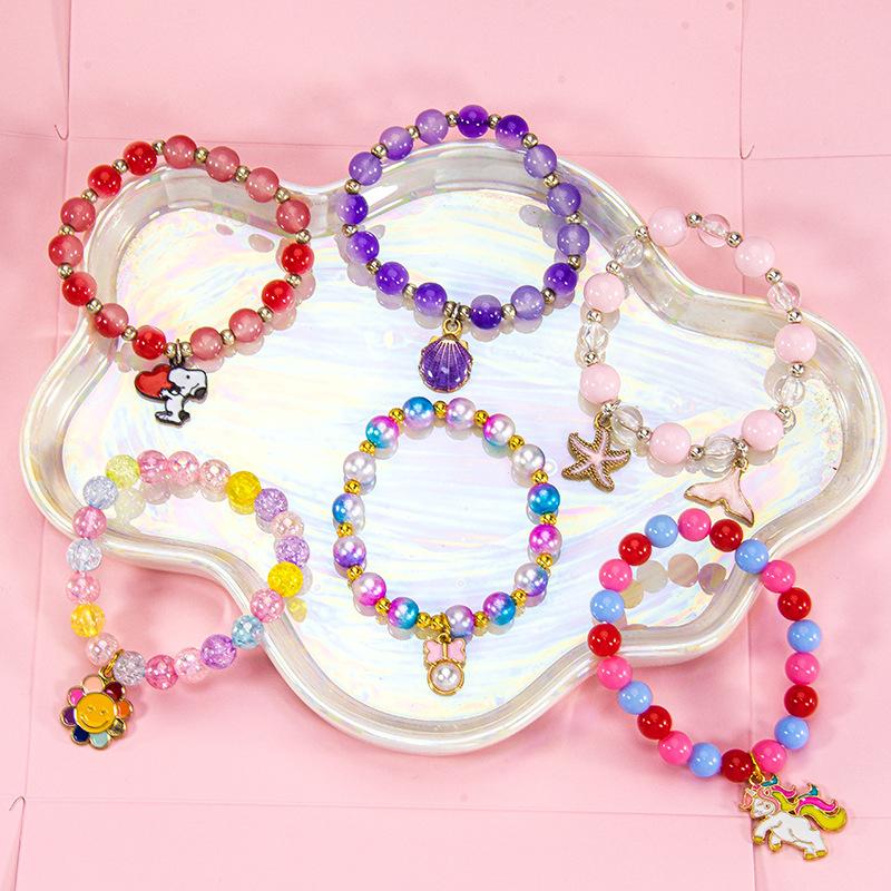 Cute Cartoon Women Bracelet, Beaded Design with Alloy Unicorn, Mermaid and Shell Charm, High Texture Daily Hand Ornaments