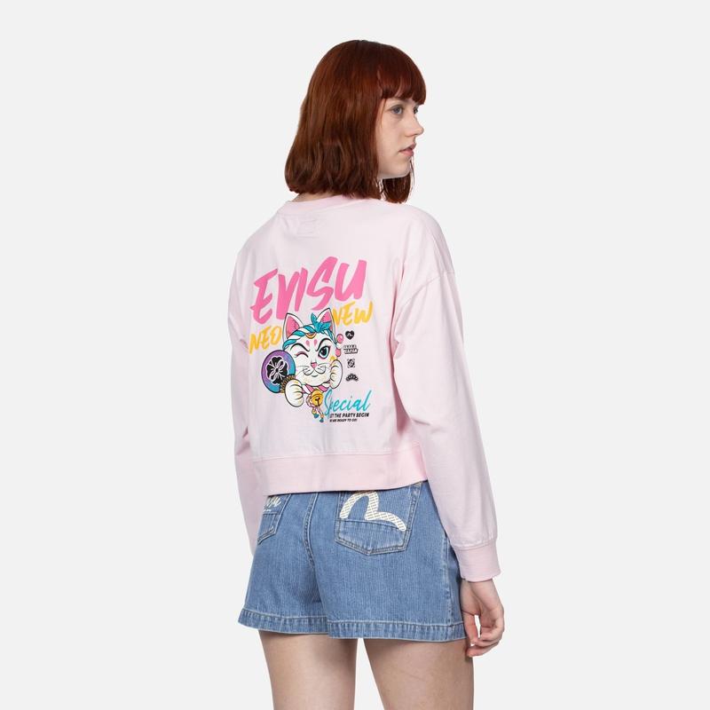 Evisu SS24 Lucky Cat And Family Flower Logo Print Long Sleeve T-Shirt Women tops Pink 2ESHTW4TL4031CPCT