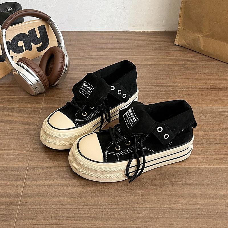 

Popular retro classic thick-soled high-top canvas shoes women s 2025 new summer height increase versatile casual board shoes 35 чёрный
