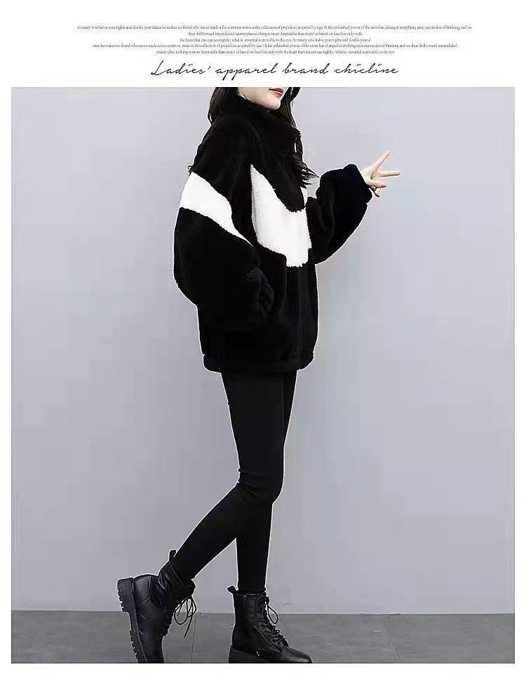 Women's Plush Korean-Style Loose Coat: Spliced, Thickened, for Autumn & Winter Fashion 2023