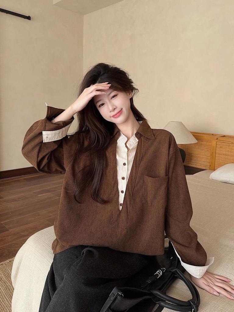 Korean Retro Coffee-Toned Two-Piece Effect Patchwork Shirt - Women's Spring 2026 Long Sleeve Top