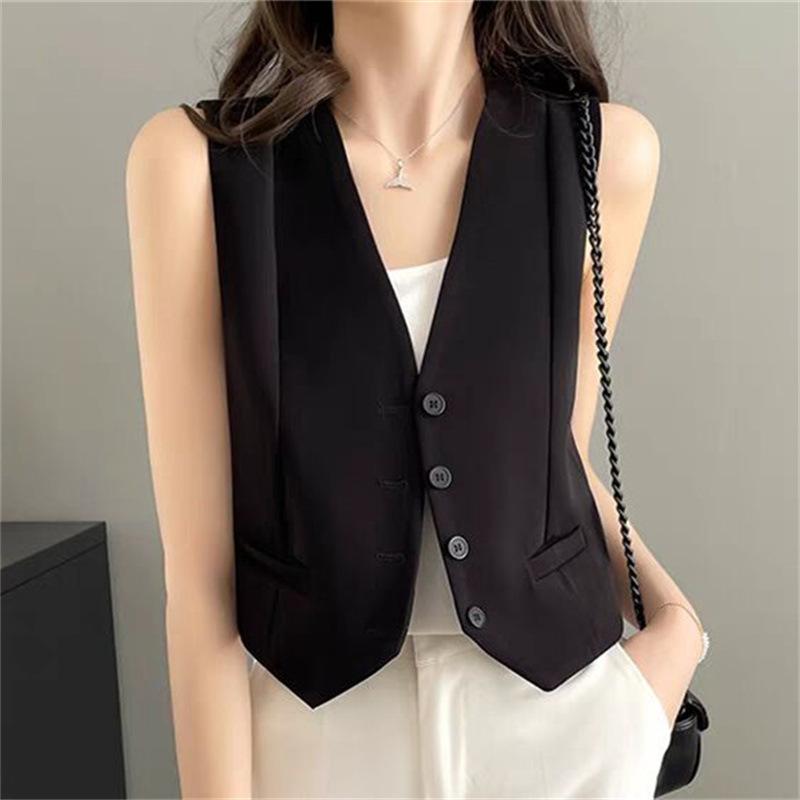 Francouzský styl Vesta Vrchní vrstva Vrstvení Dámská Móda do práce Letní Spodní prádlo Krátká délka Výstřih do V Detail knoflíku Polyester