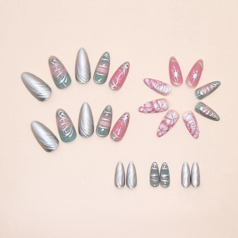 24Pieces Glossy False Nail Featuring 3D Waves Silver Icy Butterfly Pearls Effect Easy Application Design