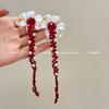 Retro Red Iris Beaded Stud Earrings for Women's Unique Exaggerated Temperament Earrings, Long Tassel Without Ear Clips