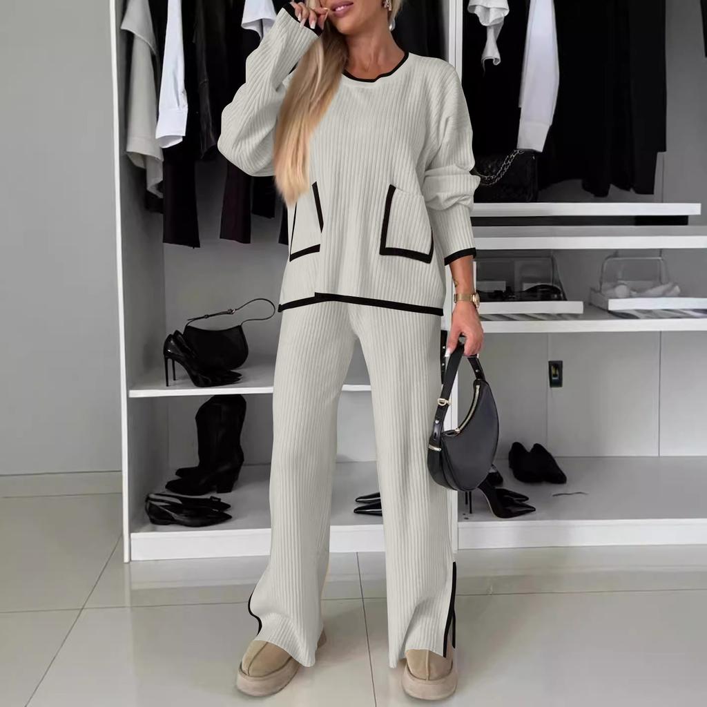 Women's Contrast Color Casual Suit Color Block Pocket Top Wide Leg Trousers Two-piece Set