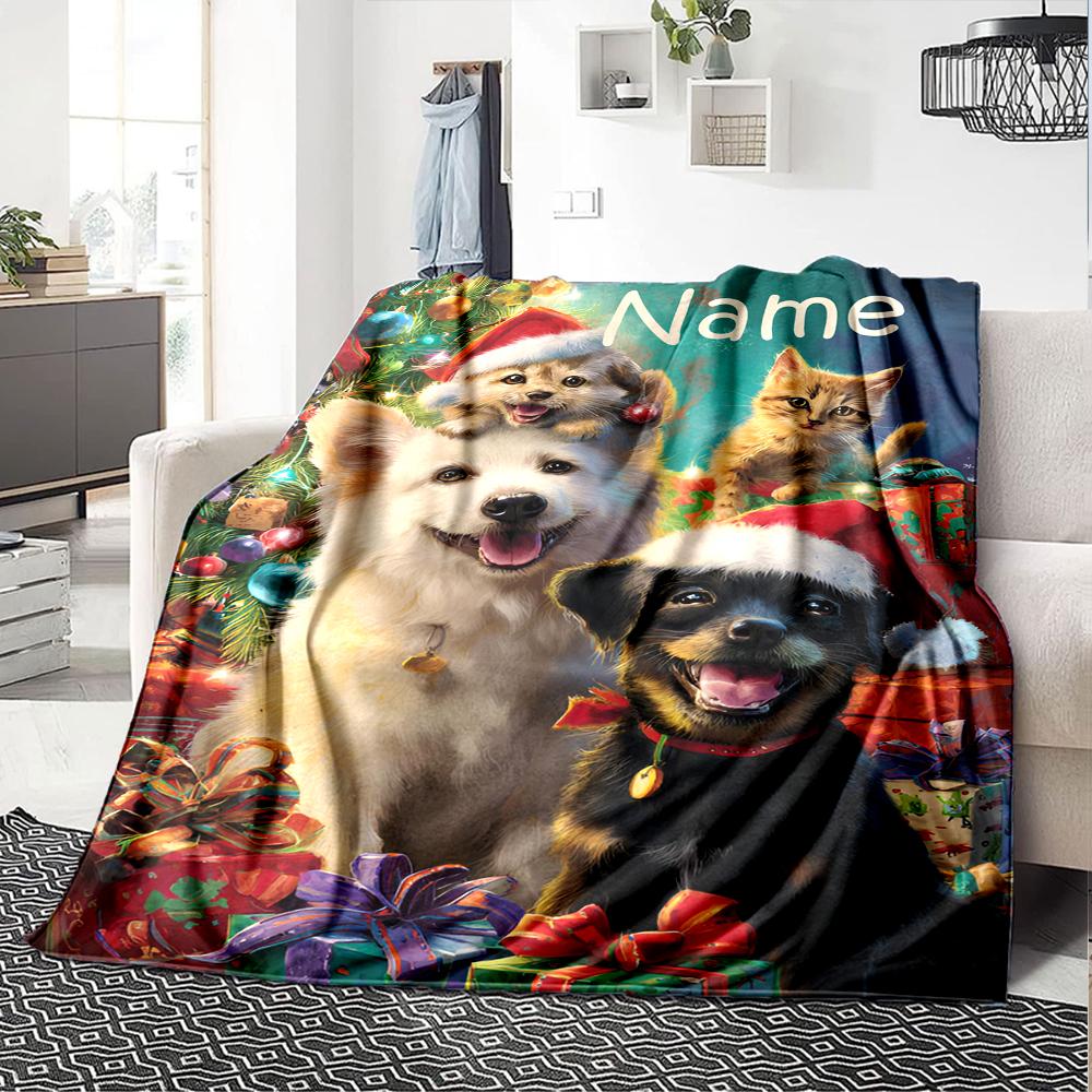 Custom Name Christmas Dog Theme Printed Blanket - Perfect for Couch, Bed, Travel & Outdoor Use | Machine Washable, Cozy & Durable.