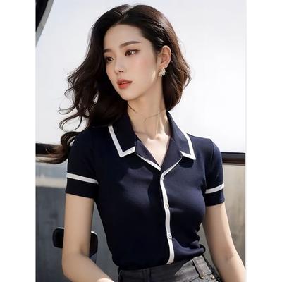 Women Navy Contrast Trim Knit Top Turn Down Collar Short Sleeve Casual Blouse