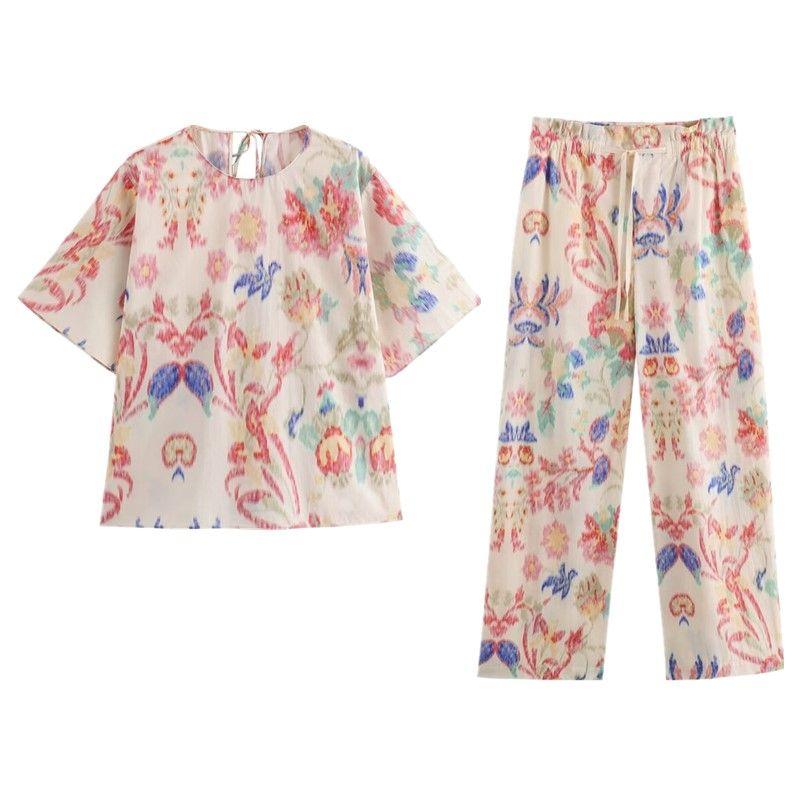 Fashion Style 2024 Autumn New Women's Round Neck Short Sleeve Printing Color Contrast Tops Paper Bag Mid Waist Pants 8414194