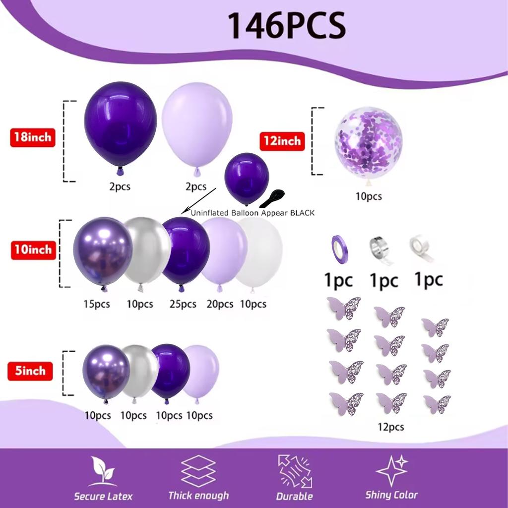 146pcs Purple Color Balloon Arch Set with Butterfly Accessories Suitable for Birthday Wedding Theme Event Decoration Etc.
