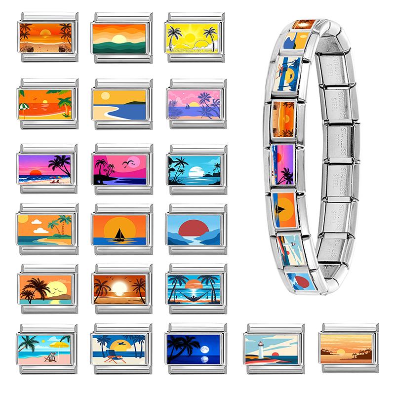 New Brilliant Sunrise Sunset Beach Coconut Trees Scenery Italian Charm Links Fit 9MM Stainless Steel Bracelet DIY Making Gift