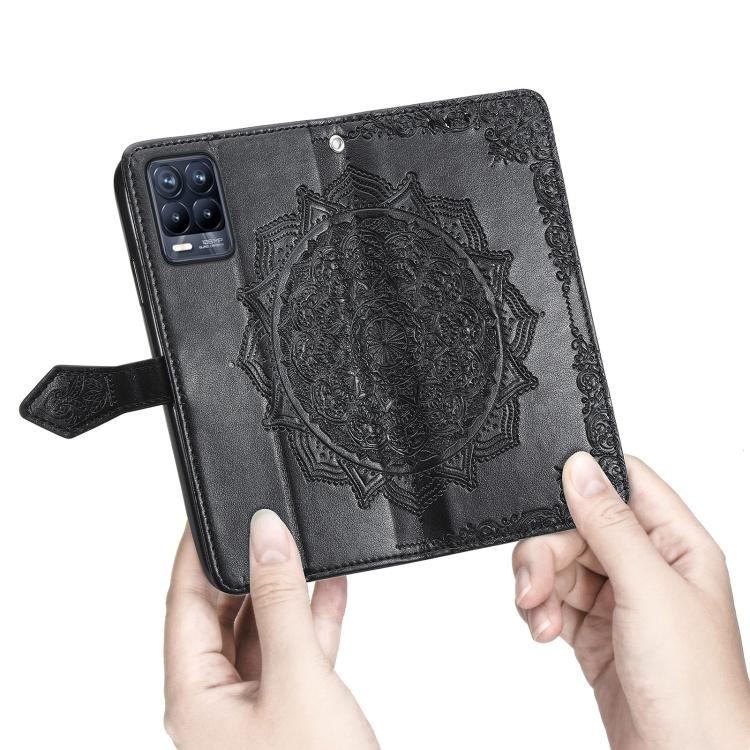 Dla OPPO Realme 8 / 8 Pro 4G Wzór wytłaczany Mandala Skórzane etui z klapką poziomą z uchwytem i przegródkami na karty i portfelem i smyczą(Fioletowy)