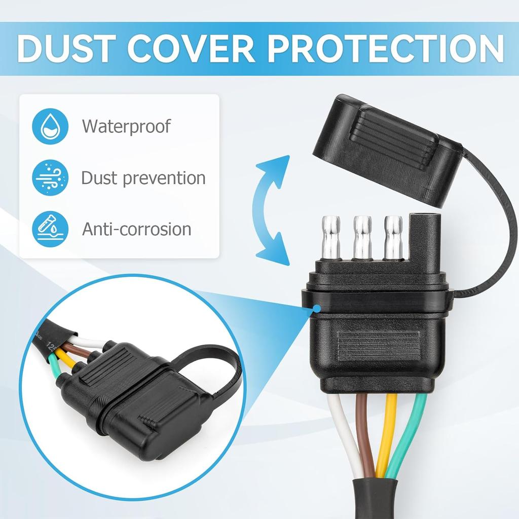 4 Pin Trailer Wire Extension, 24 Inch, 4 Way Flat Trailer Light Plug Connector With Dust Cover, 18AWG Pure Copper Wiring Harness Extender With Loom