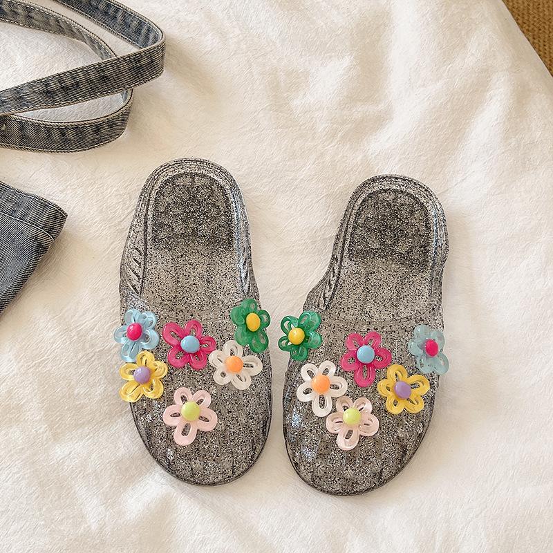 Fashionable Jelly Slippers Women s Korean Style Outdoor Wearable Toe Covering Crystal Transparent Flat Bottom Half Slippers 38