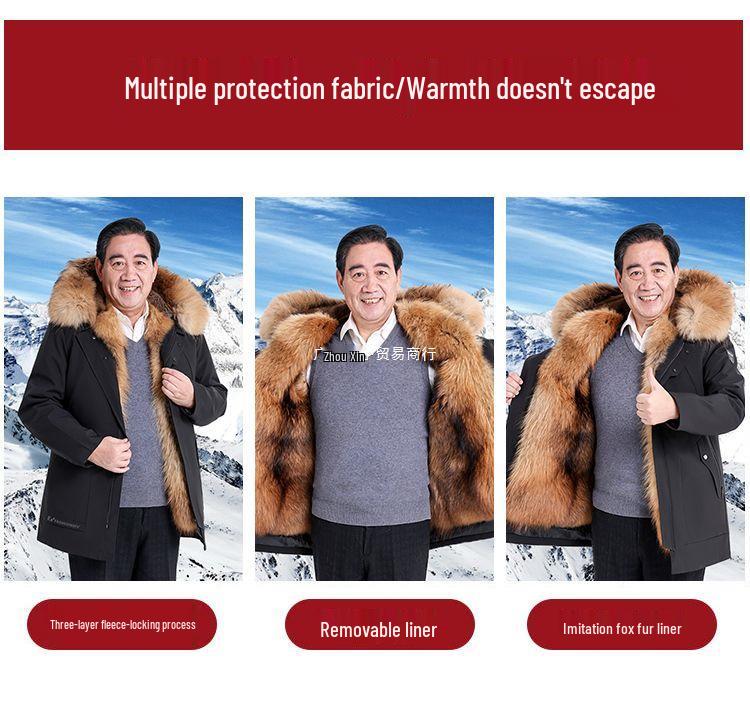 Men's Mid-Length Thickened Parka with Removable Fox Fur Liner and Fur Lining - Winter Coat
