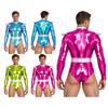 Body Metalic Strălucitor pentru Performanță pe Scenă Alien, Blocuri de Culoare, Gât Înalt, Mânecă Lungă, Fermoar Invizibil la Spate, Leotard Cosplay