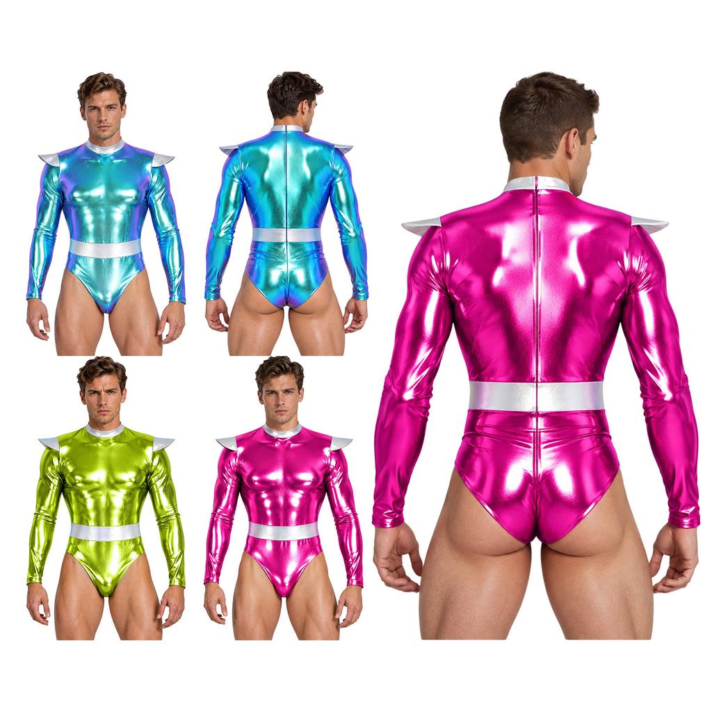 Body Metalic Strălucitor pentru Performanță pe Scenă Alien, Blocuri de Culoare, Gât Înalt, Mânecă Lungă, Fermoar Invizibil la Spate, Leotard Cosplay