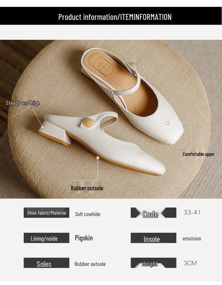 Genuine Leather Women's Chunky Heel Pointed Toe Slippers - Versatile French Style for Spring/Summer