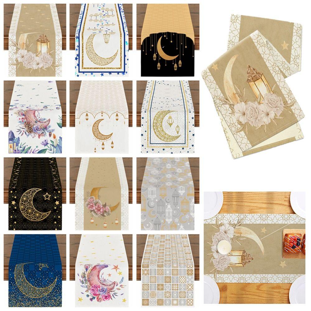 Vintage Ramadan Table Runner 2D Single Print Washable Eid Mubarak Table Runner Elegant Floral Floral Crescent Moon