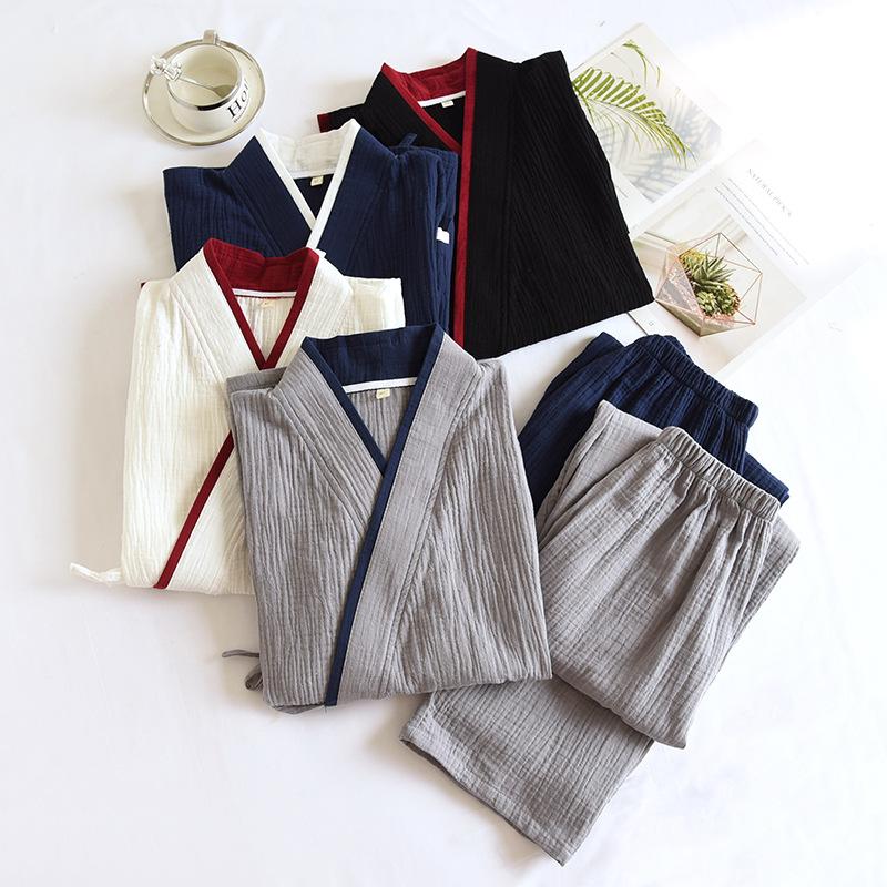 Spring and Autumn Thin Men's Kimono Robes with Long Trousres Cotton Color Matching Pajamas Plus Size Home Pyjamas Set