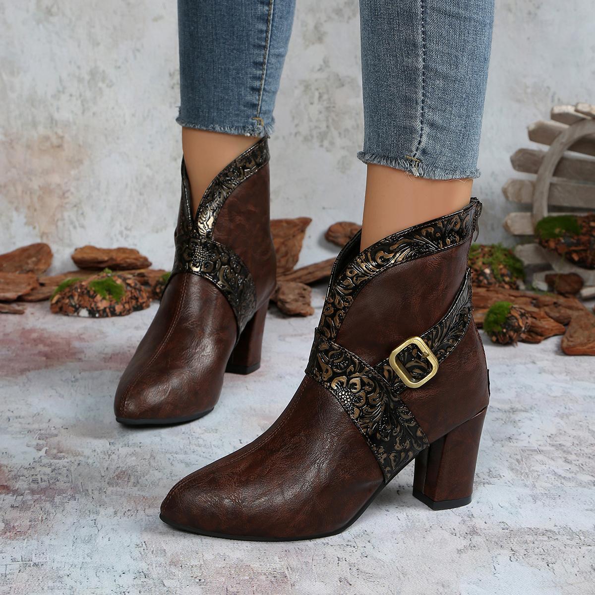 

Fashion Retro Pointed Toe High Heel Black Ankle Boots Women 2025 Winter Metal Buckle Designer Chelsea Boots Woman s Shoes Plus Size 45 45 коричневый