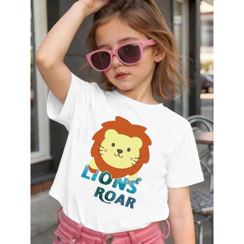 Girls Crew Neck Short Sleeve T-Shirt with Cartoon Lion Head & Letter Print 110