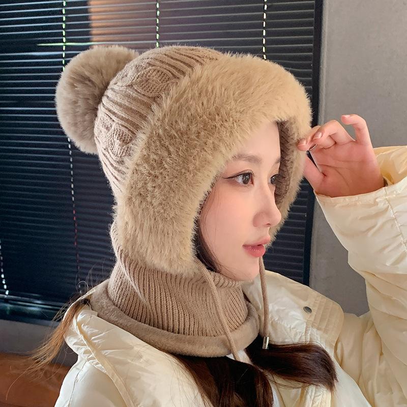 New Velvet Thick One-piece Hat Women's Winter Scarf Integrated Knitted Hat Outdoor Wind and Cold Warm Cycling Ear Hat