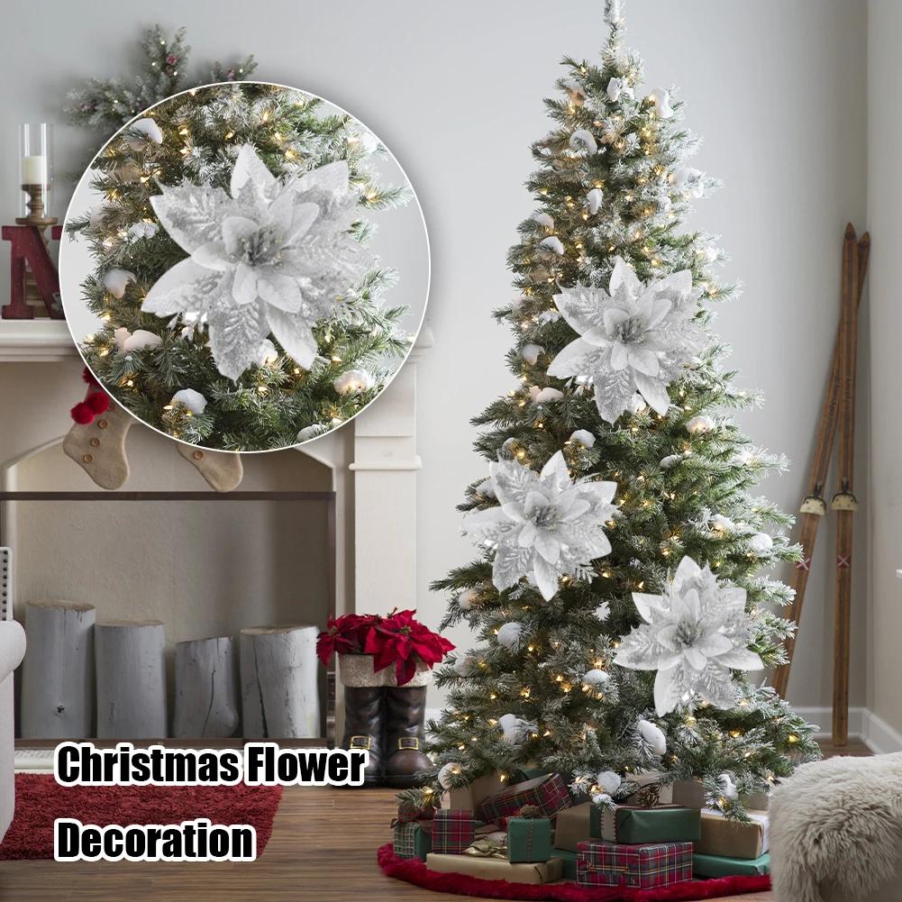 10/20Pcs Bling Flower Heads Glitter Powder Flowers Decors Xmas Tree Decoration Sparkling Christmas Flowers New Year Supplies