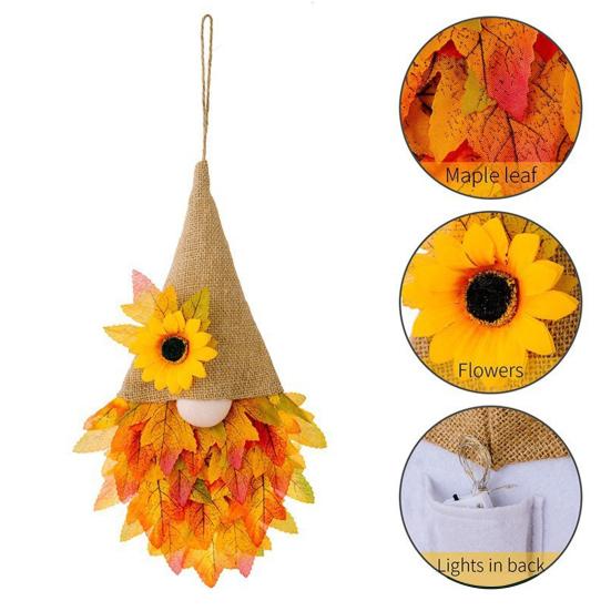 Thanksgiving Maple Leaf Gnome Wreath with String Light Indoor Outdoor Front Door Wall Hanging