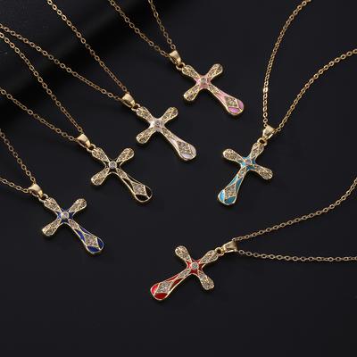 Vintage Elegant Micro-Set Zircon Cross Pendant Necklace Versatile Gold Tone Jewelry