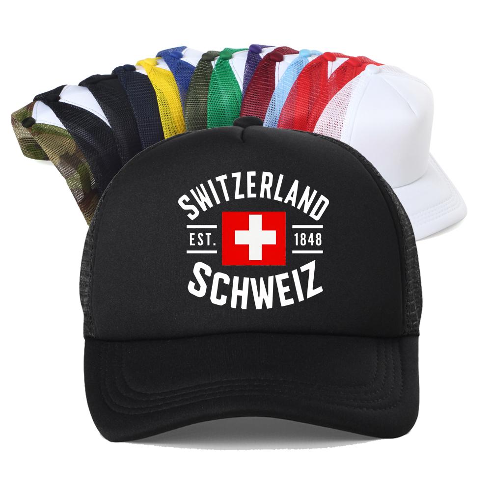 Casquette de baseball en maille respirante motif drapeau suisse pour homme et femme, chapeau trucker d'été, snapback réglable