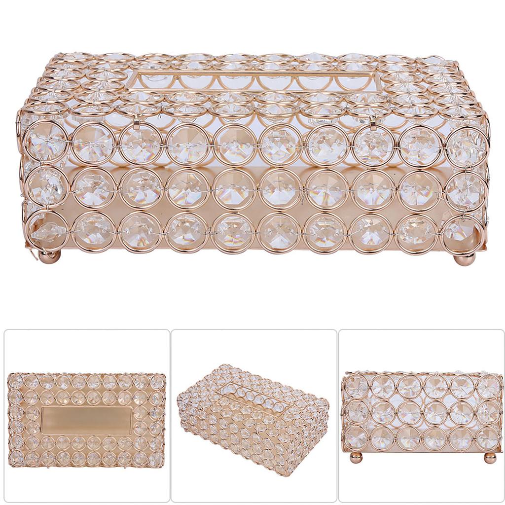 Rectangular Artificial Crystal Tissue Box Cover Tissue Paper Storage Holder Home Decor (Gold)