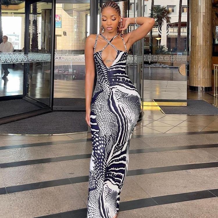Summer Women Sleeveless V-Neck High Waist Backless Slit Pencil Dress Casual Spring Print Camisole Dresses Ankle-Length S-XL