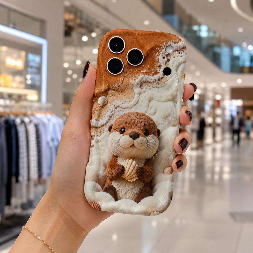 Fluffy Otter Beach Shell Wavy Edge Phone Case For iPhone 17 16 15 14 13 12 11 8 7 Plus Pro Max Cute Animal Soft Cover