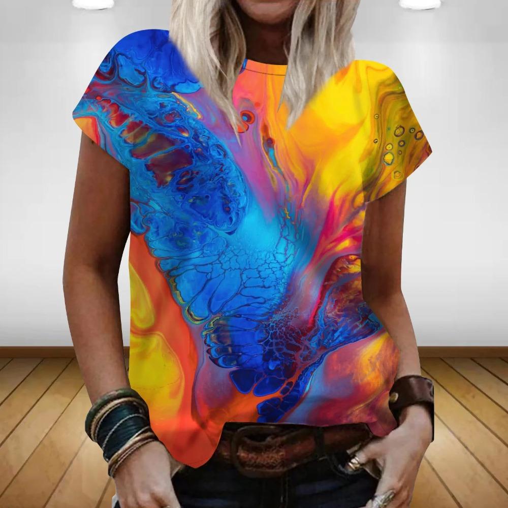 

Абстрактный узор Цветочный 3D-принт Женские топы с круглым вырезом и коротким рукавом Y2k Харадзюку уличная одежда 3XL