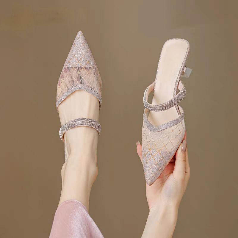 Ladies' Summer High-end Mesh Pointed French High-heeled Sandals