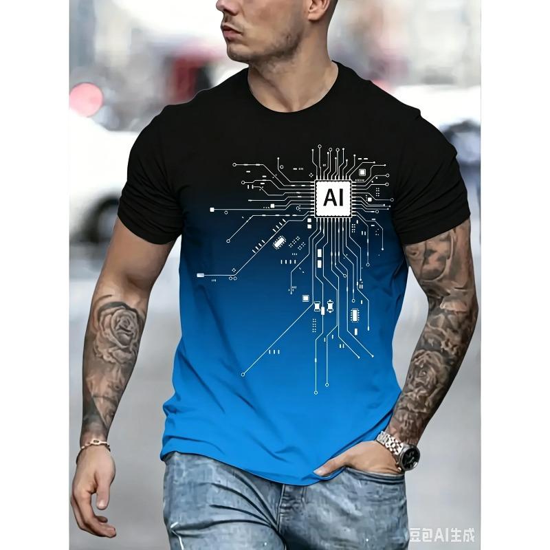 2026 New Men's AI Circuit Board Print T-shirt Gradient Crew Neck Short Sleeve Casual Tee for Streetwear Summer Breathable Tops