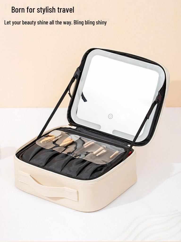 High-Grade LED Mirror Travel Makeup Bag for Women: Portable, Large Capacity, and Compartmentalized for Brushes