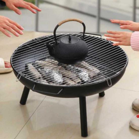 Round Firepit with Carbon Mesh Indoor Outdoor Backyard Balcony Patio Charcoal Burner Portable Detachable Brazier Heavy Duty Household Stove