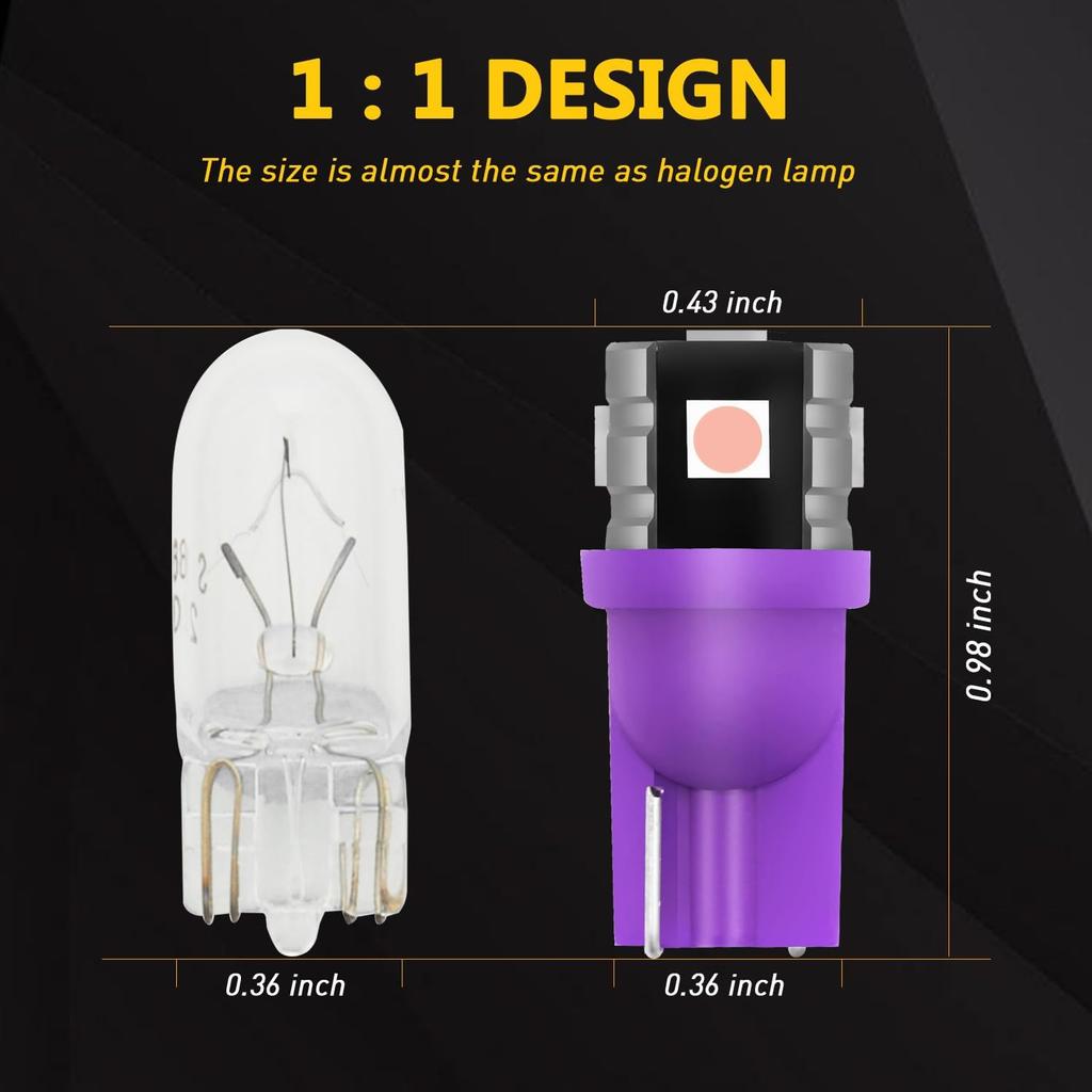 PHINLION 194 LED Light Bulb Purple 168 2825 W5W T10 Wedge 5-SMD 3030 Chipsets LED Replacement Bulbs for Car Interior Dome Map Door Courtesy Parking