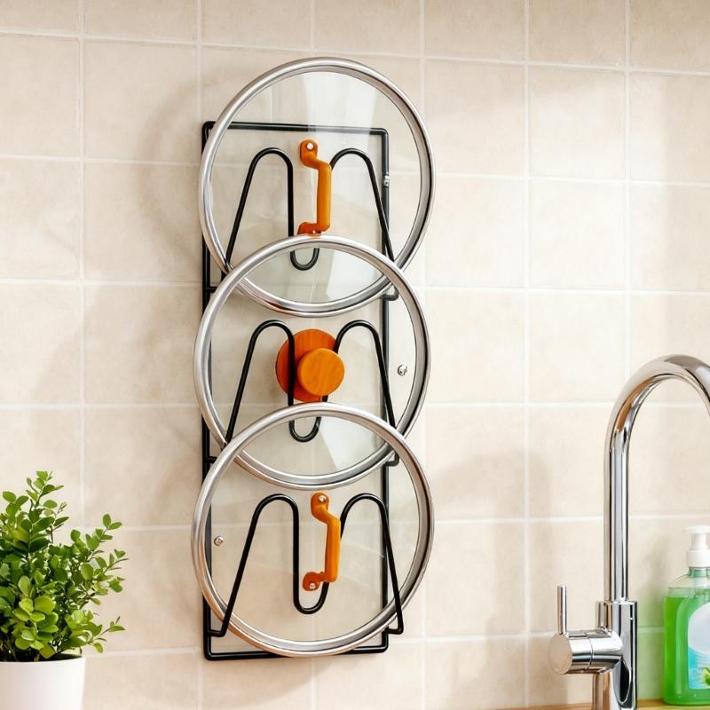 2 Piece Carbon Steel Pot Lid Holder Set Heavy Duty Steel Wall Mount Design Efficient Kitchen Space Utilization Tool