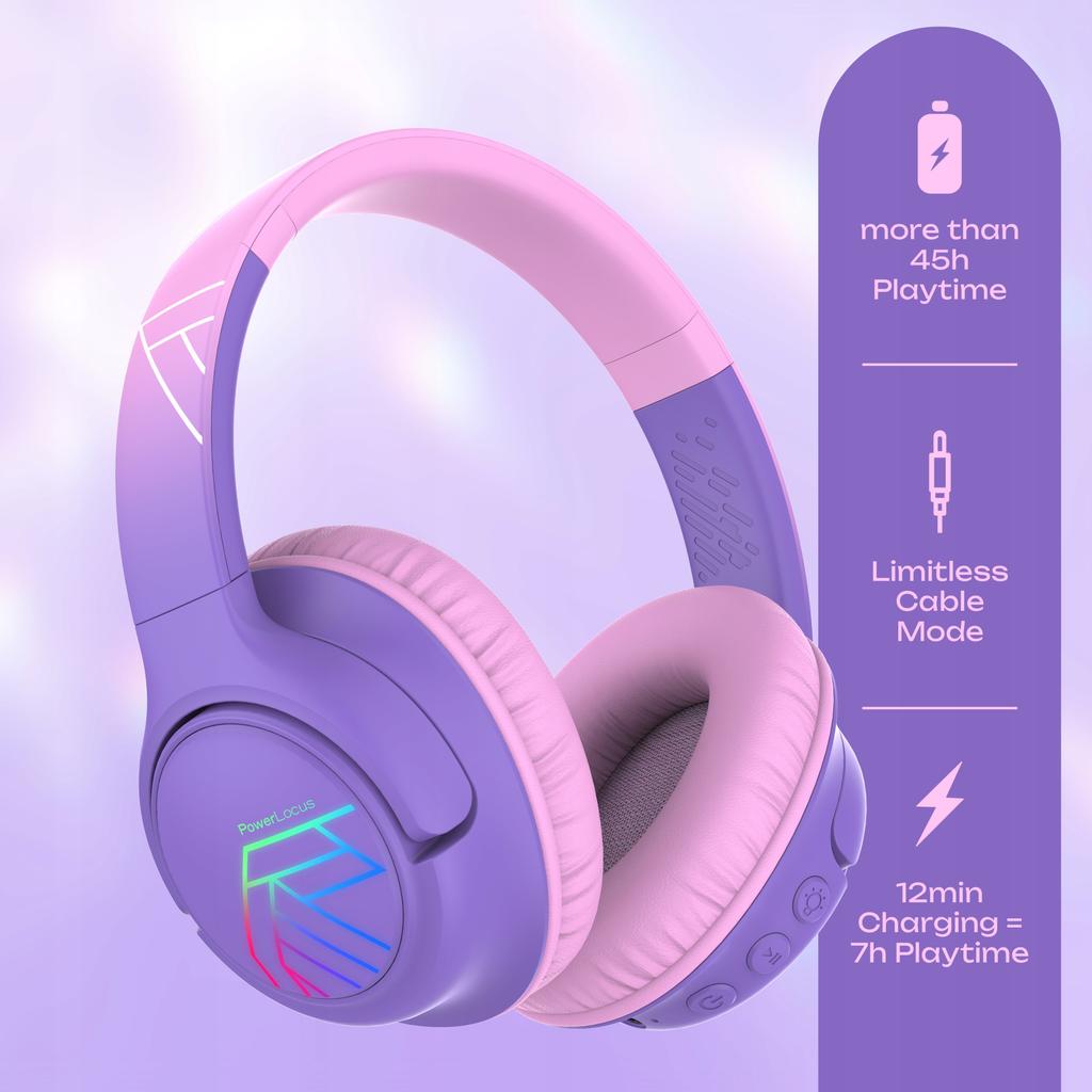 PowerLocus Bobo Purple Wireless LED AUX Headphones for Kids
