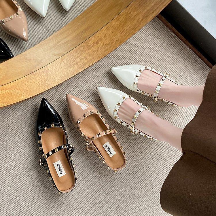 Rivet Tip Mary Jane Cool Half Drag Women's Outer Wear 2025 Spring and Summer New European and American One-word Belt Flat Bottom Half Slippers
