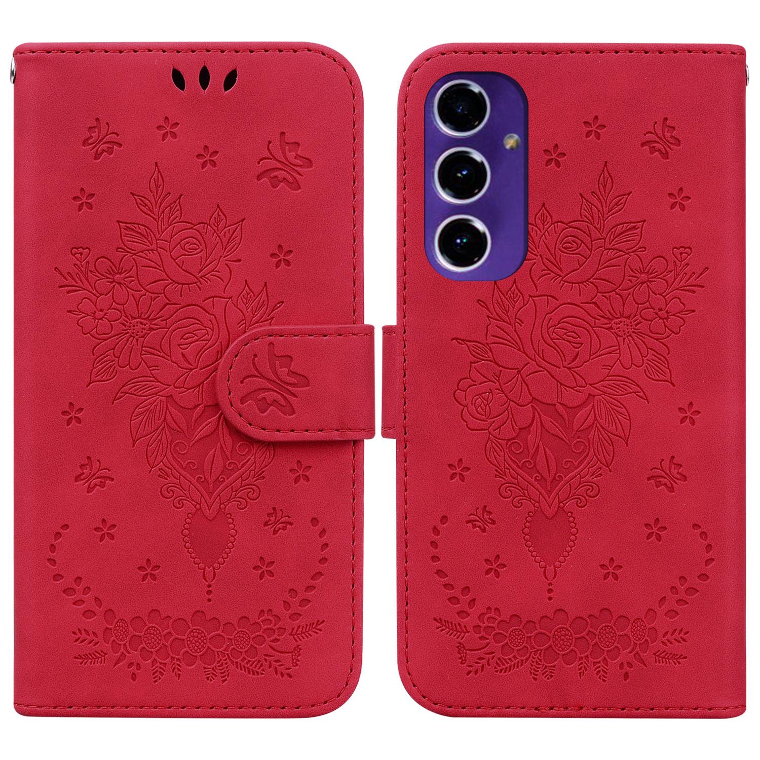

For Samsung Galaxy A16 5G/A16 4G Case PU Leather Wallet Phone Cover Butterfly Flower Imprint Red