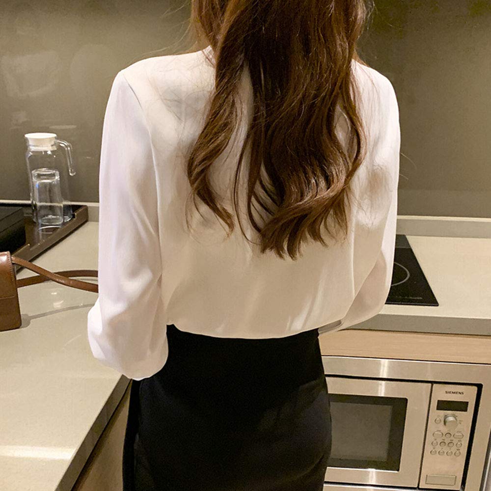 [SYitong] JFashion Bow Tie Blouse, Fresh and Flowy Blouse with Ribbon, Long Sleeved, Stylish, Office Casual Chiffon Blouse, Spring Clothing, Ribbon Bl