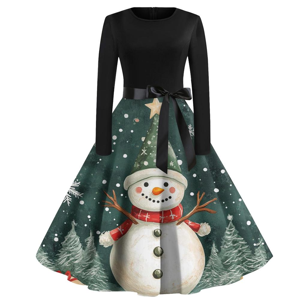 Vestidos de fiesta de noche con estampado navideño de cuello redondo y manga larga vintage a la moda para mujer