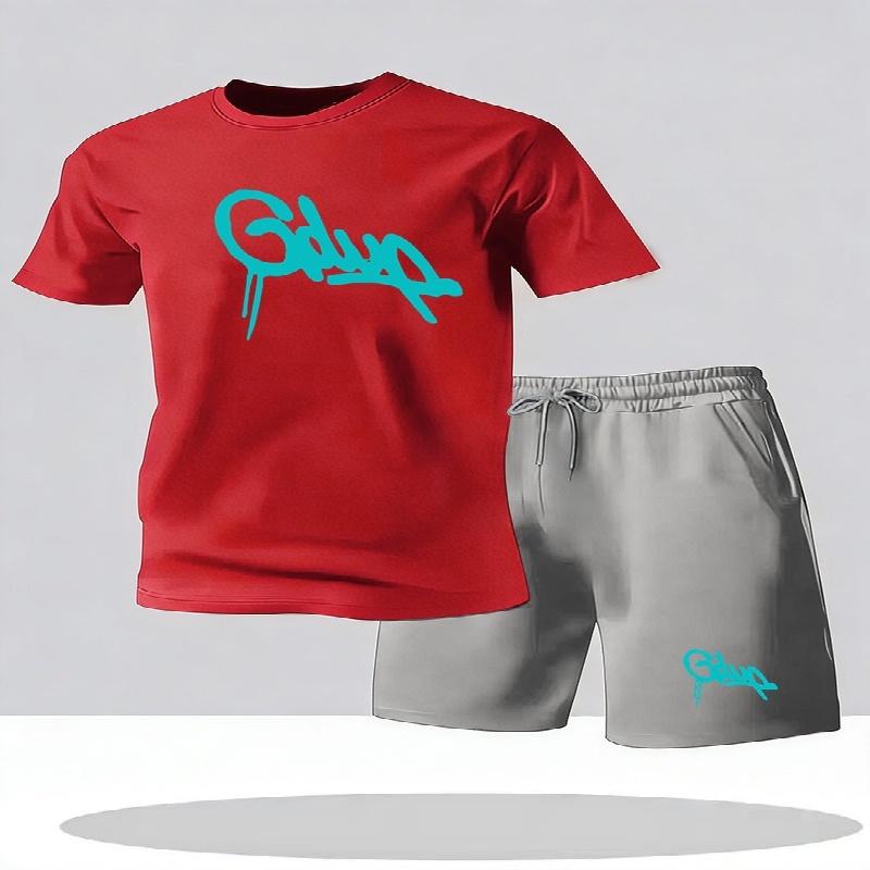 Youth Men's Fashionable Casual Sports Two-Piece Set Print Summer Short-Sleeved T-Shirt And Shorts Ensemble