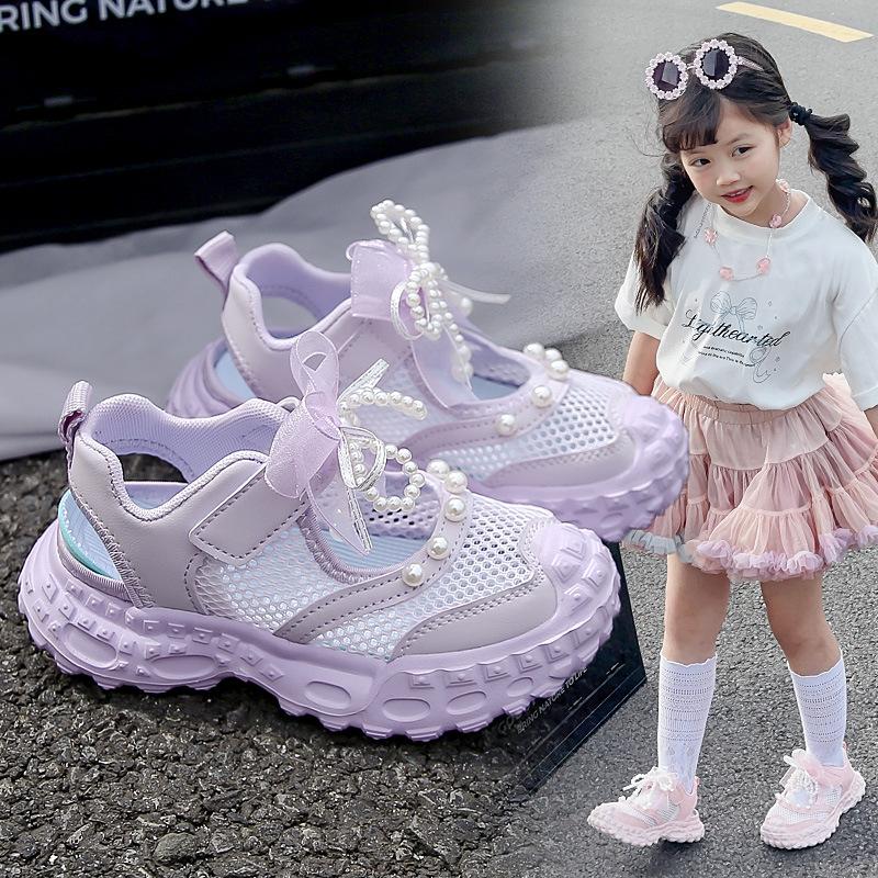 Girls' sports sandals, new summer model, children's hollow bow single mesh shoes, breathable mesh dad shoes for girls